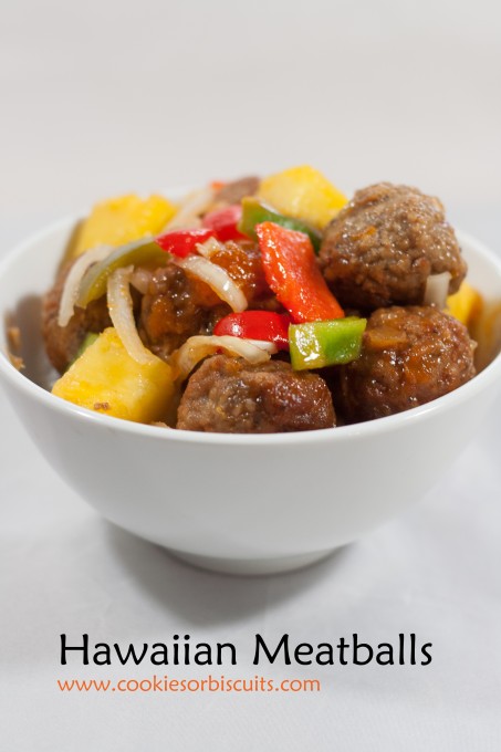 Bowl of Hawaiian Meatballs with Name Underneath