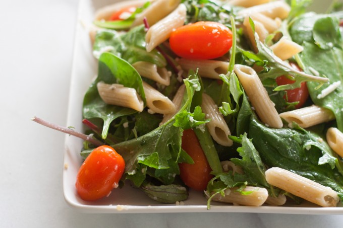 Corner View of Pasta & Baby Greens Salad