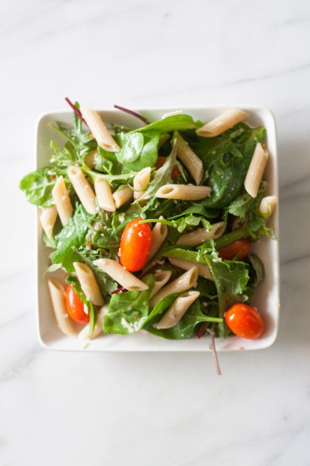 Aerial View of Pasta & Baby Greens Salad