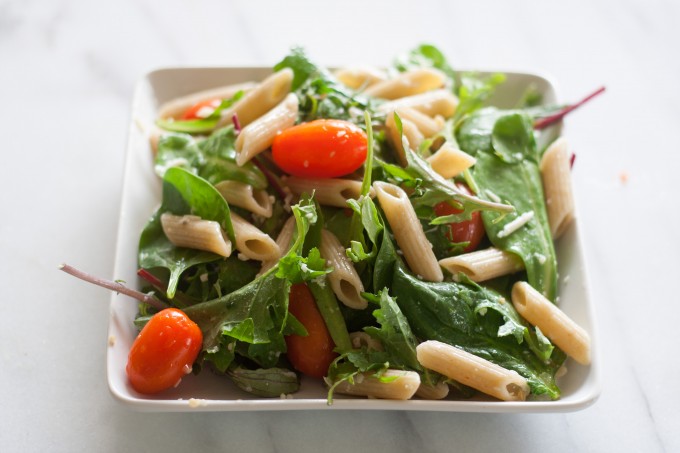 Side View of Pasta & Baby Greens Salad