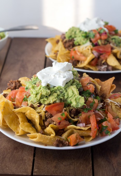 Beef Nachos with Guacamole and Salsa