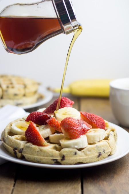 Chocolate Chip Waffles with Maple Syrup and Fruit
