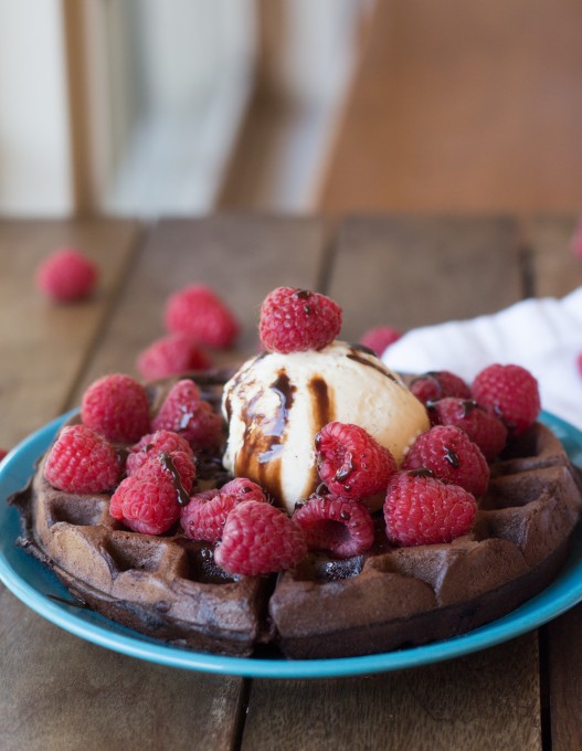 Chocolate Waffles with Icecream and Raspberries