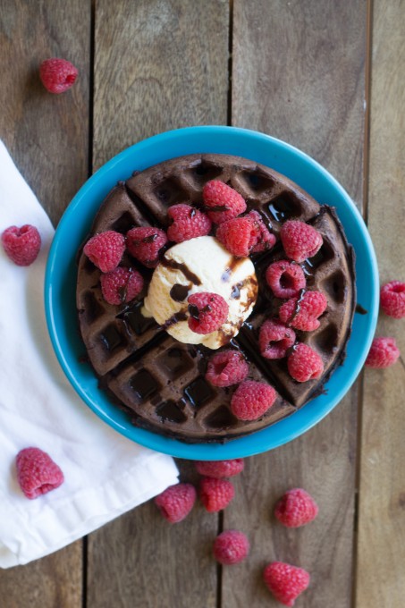 Chocolate Waffles with Icecream and Raspberries