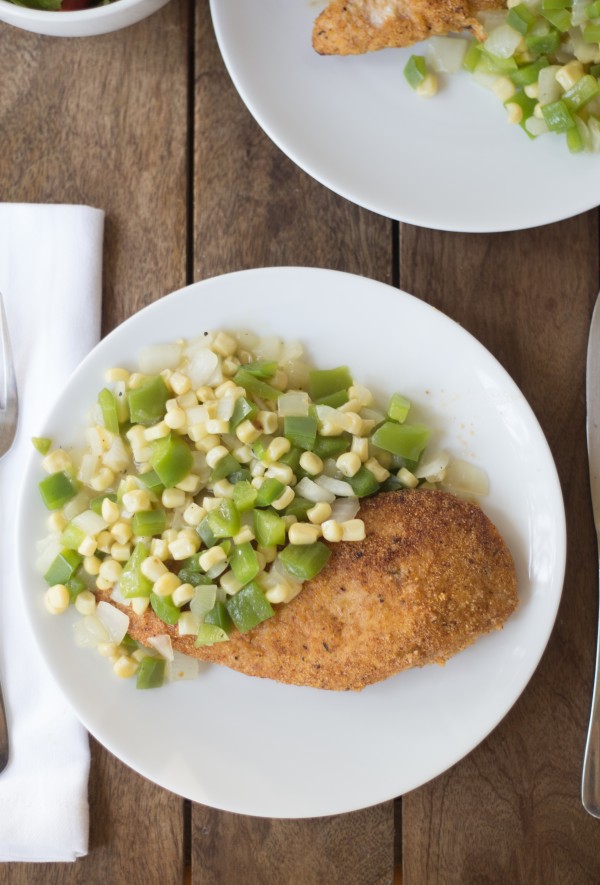 Cornmeal Crusted Chicken with Corn, Peppers and Onions