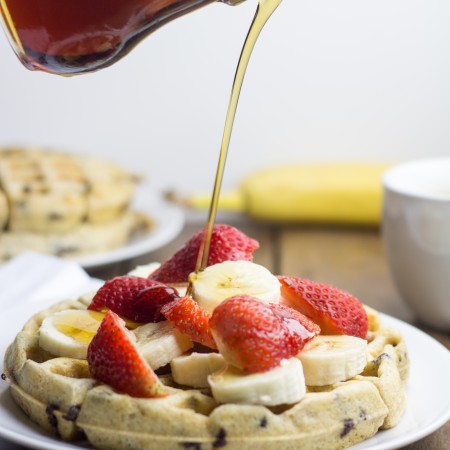 Chocolate Chip Waffles with Maple Syrup and Fruit